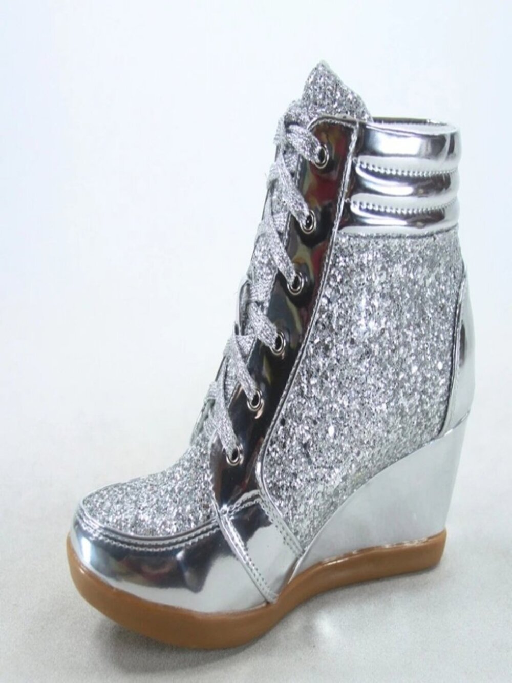NEW Glitter Sneaker Women's High Top Lace Up Wedge Booties Shoes Size 5.5 - 10 - Picture 13 of 13
